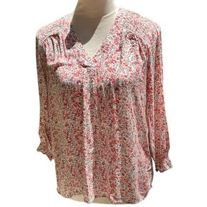 SOIRÉE.‎ Floral, V-Neck, 3/4 Sleeve Top.Smock work on Sleeves & Shoulders.S.